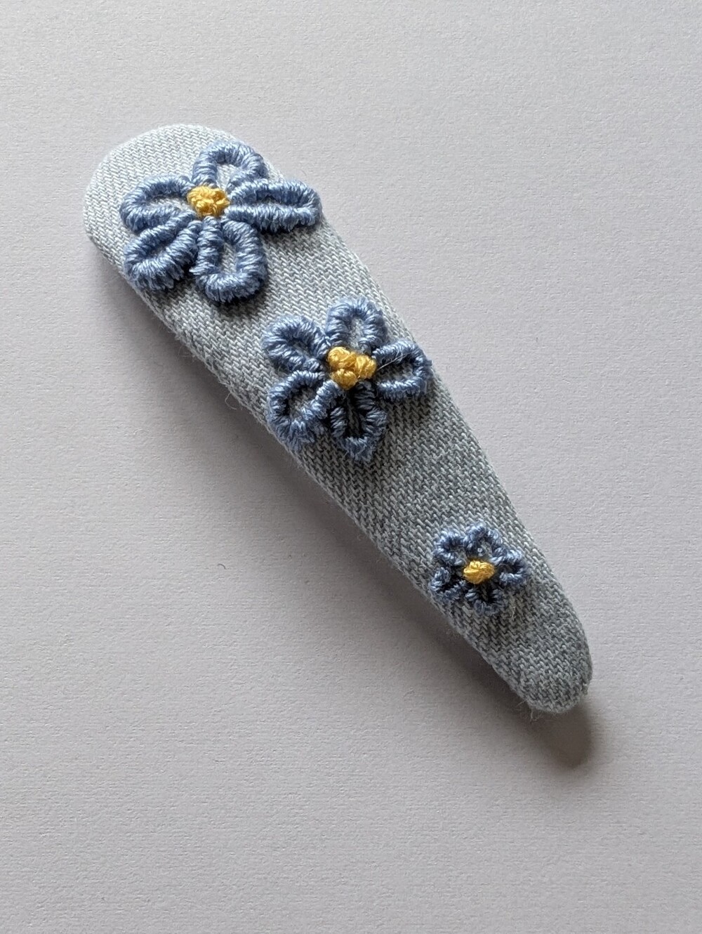 Forget-Me-Nots On Blue Chambray Large Hand Embroidered Handmade Cotton Hair Clip